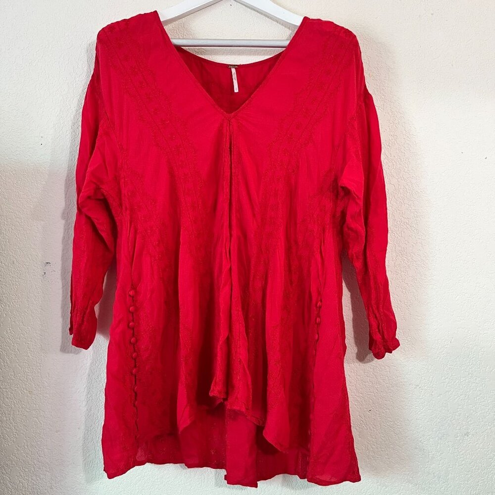 Free People Womens Red Embroidered Long Sleeve Tunic Top Small Button Detail